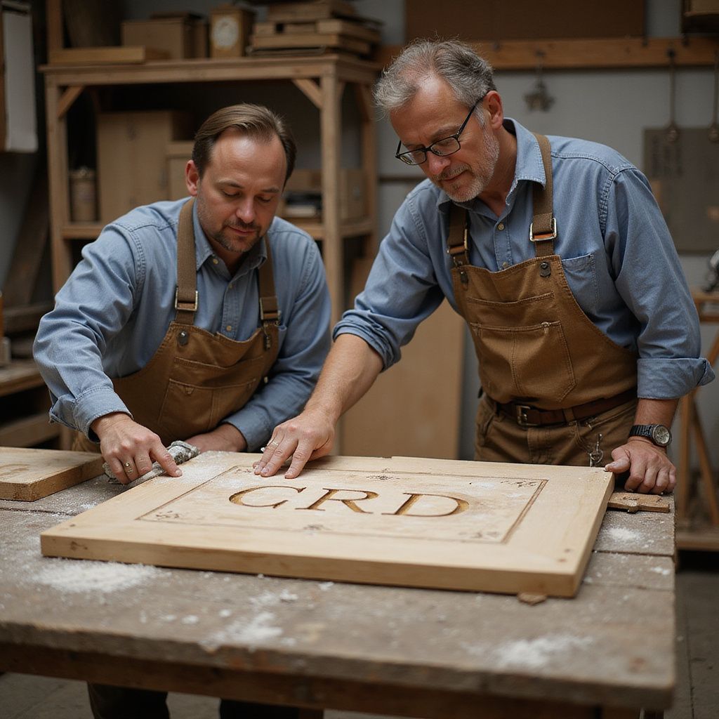 Two men examining a carved wooden sign with "GRD" letters in a workshop.
