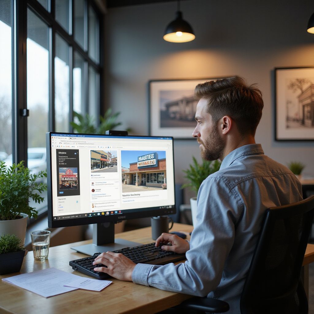 Man using a computer, with website of a building on the screen. He is in an office setting.