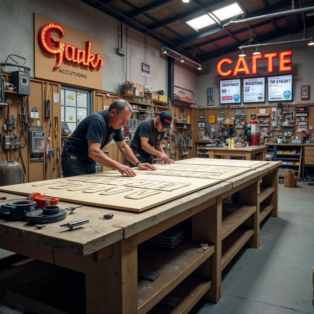 Two men working at a workbench in a workshop under neon signs. Tools and shelves are visible.