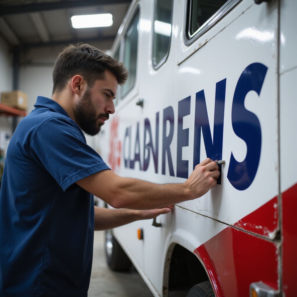 A man applies a decal to a white bus with red and blue accents, in a workshop setting.