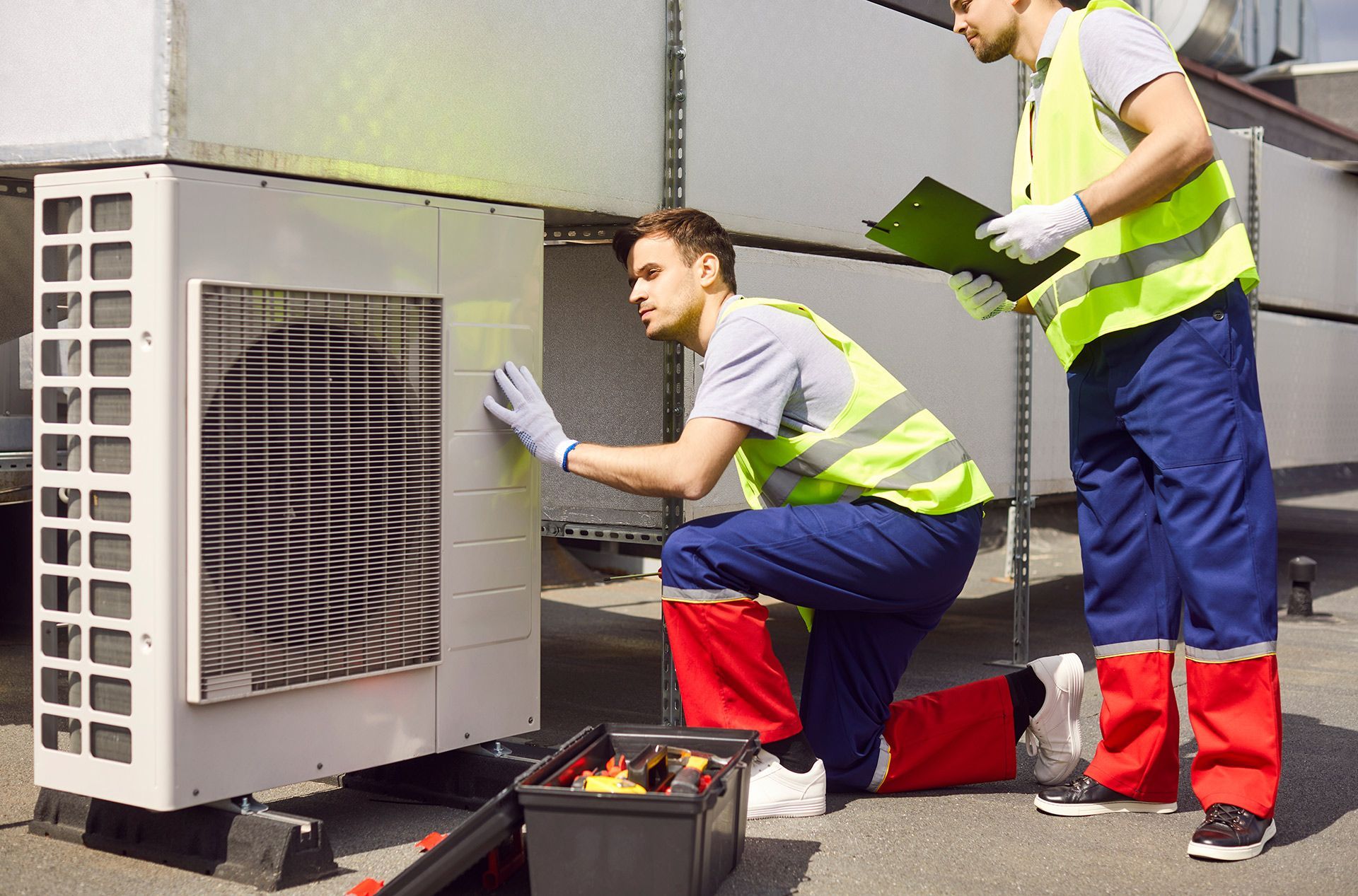 Two technicians in safety vests inspect and repair an outdoor HVAC unit with tools nearby.