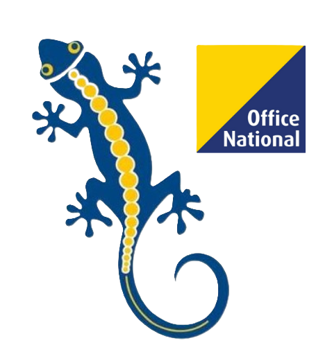 A blue and yellow lizard with the words office national below it
