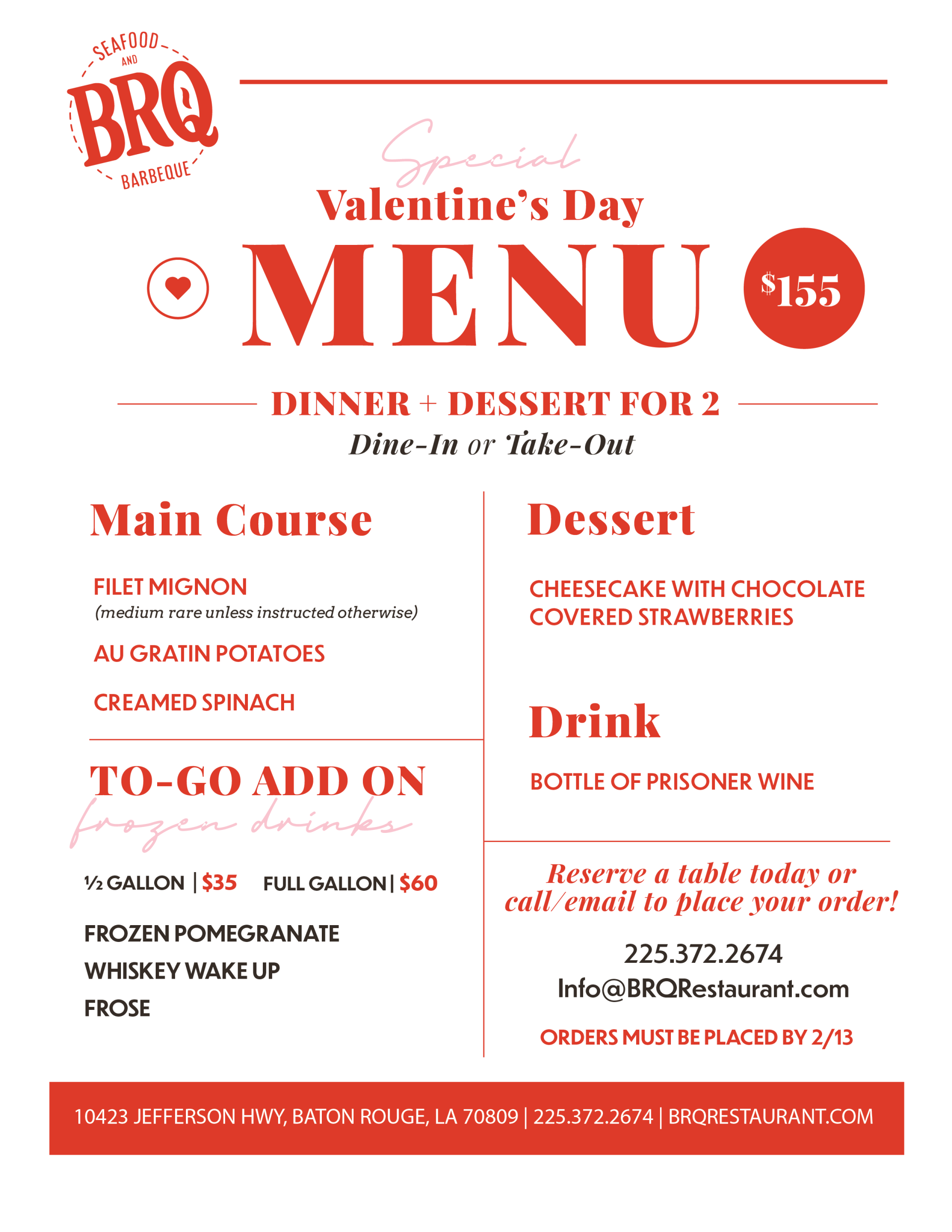 Valentine's Day Special Menu | Valentine's Package Baton Rouge