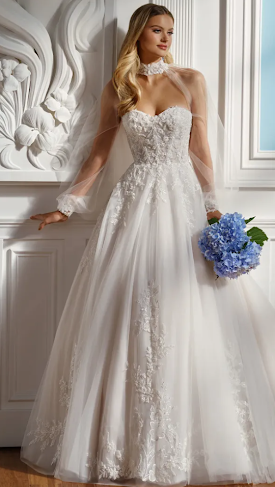 Woman in a white mermaid-style wedding dress with lace detailing and a long train.