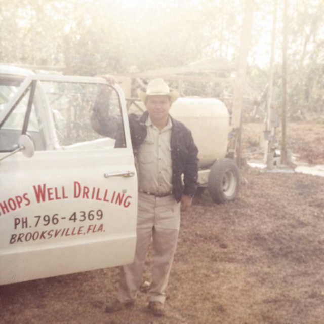 Well pump system in a garden bed with pipes, valves, and a control box.