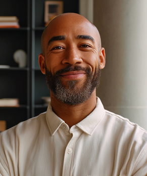 Bald man with a salt and pepper beard smiles, wearing a light-colored collared shirt.