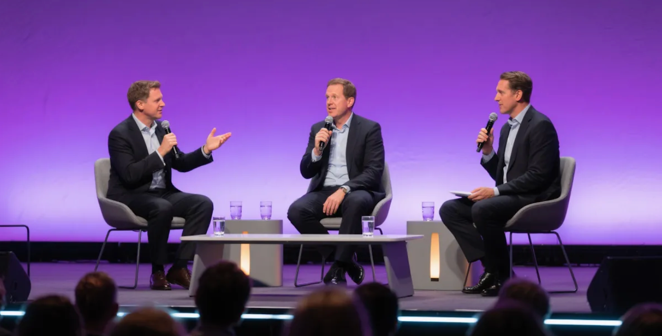 Three diverse colleagues in a bright office conversing. The bald man gestures while the women listen attentively.