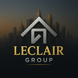 LeClair Group logo with gold text and gray house icon over a dark city skyline.