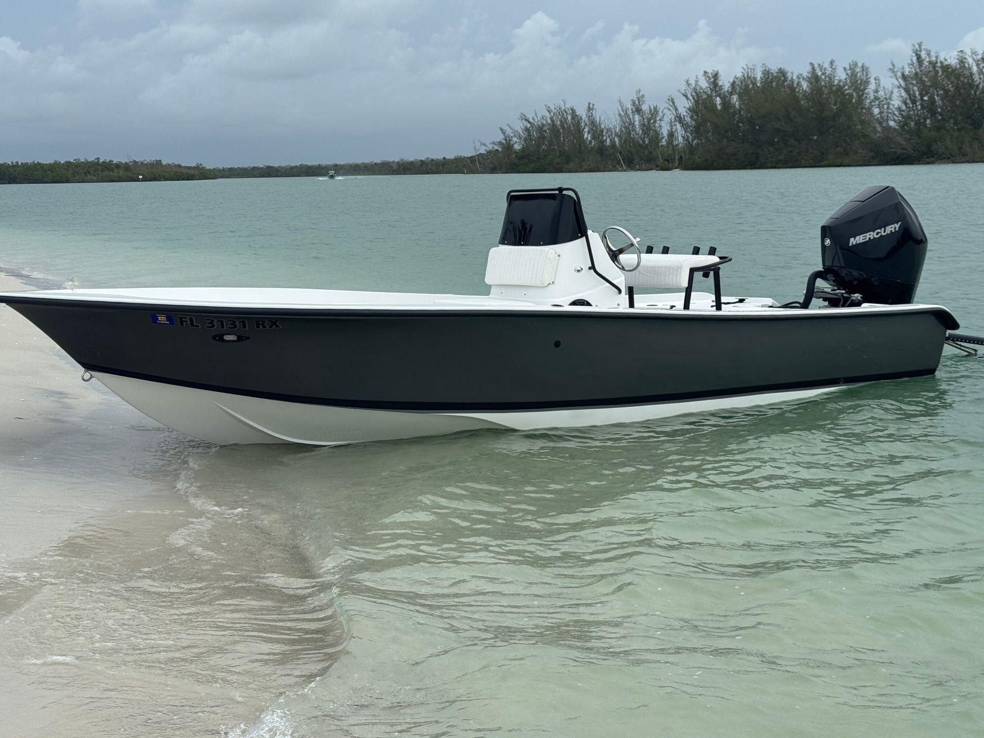 A boat with a mercury motor is sitting on the beach
