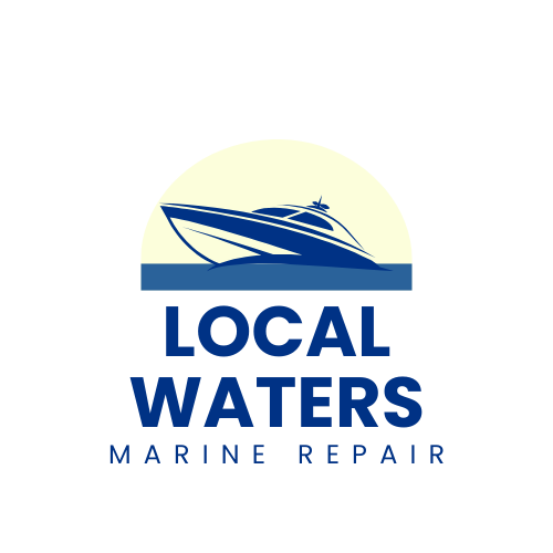 A logo for local waters marine repair with a boat in the water. Naples, FL Fiberglass and Gel-coat
