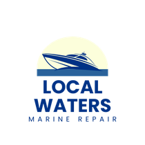 A logo for local waters marine repair with a boat in the water. Naples, FL Fiberglass and Gel-coat