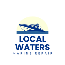 A logo for local waters marine repair with a boat in the water.