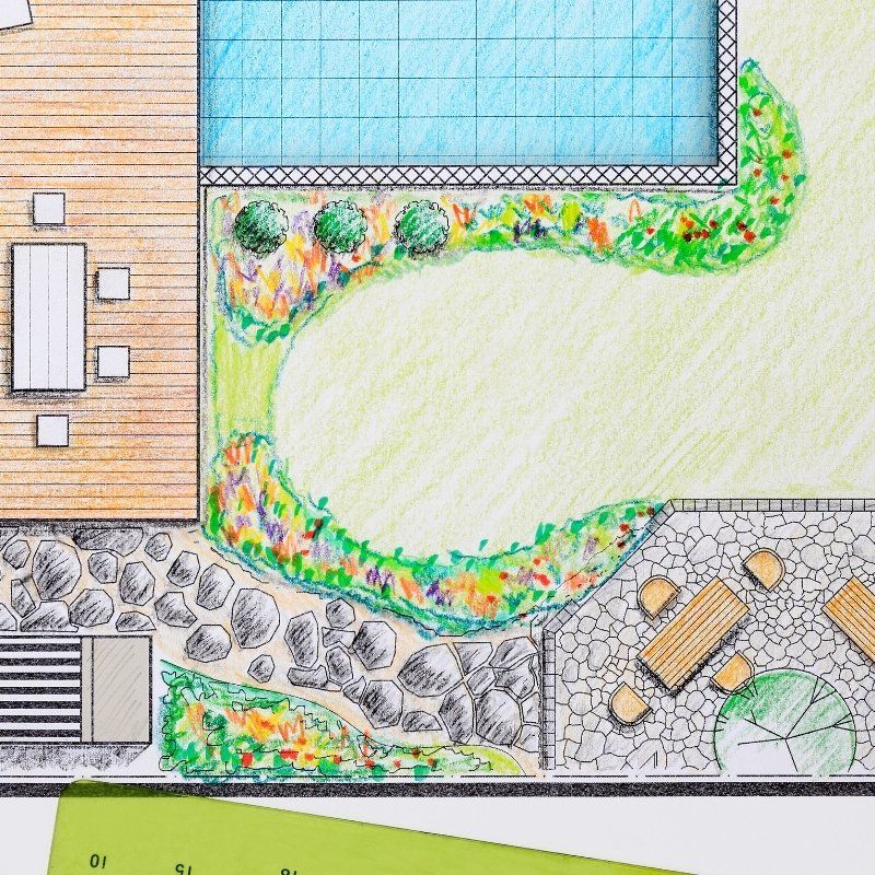 A drawing of a garden with a pool and tables and chairs