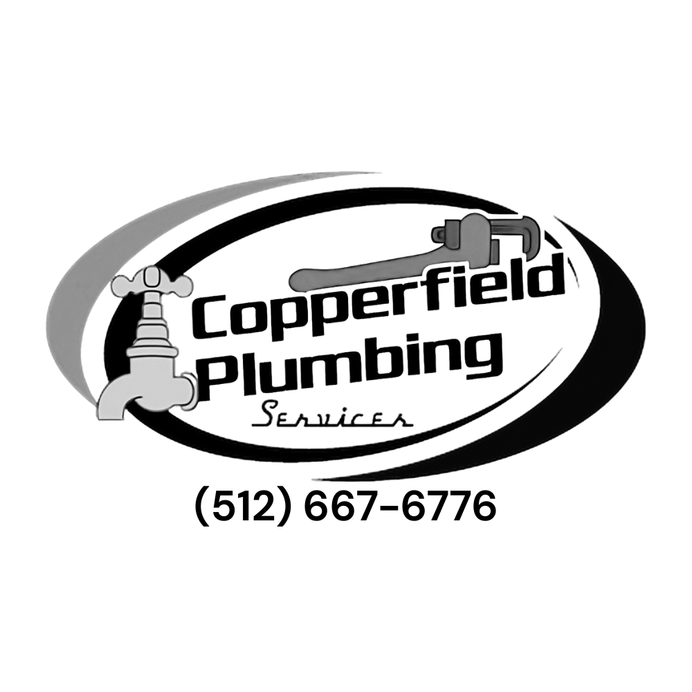 Logo for Copperfield Plumbing Services featuring a faucet and wrench with text and a phone number.
