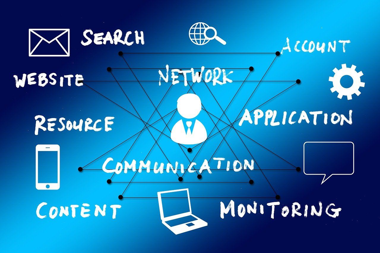A blue background with the words search network account and content