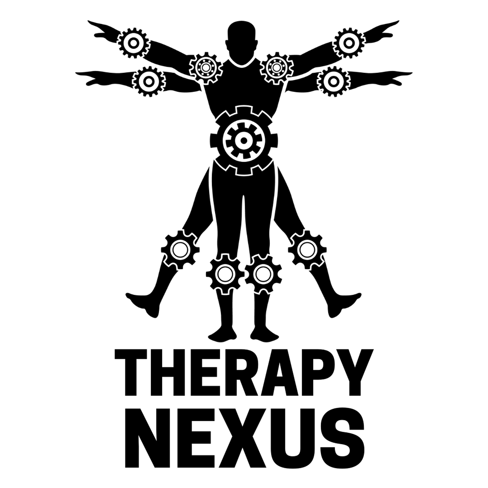 Silhouette figure with gears at joints,