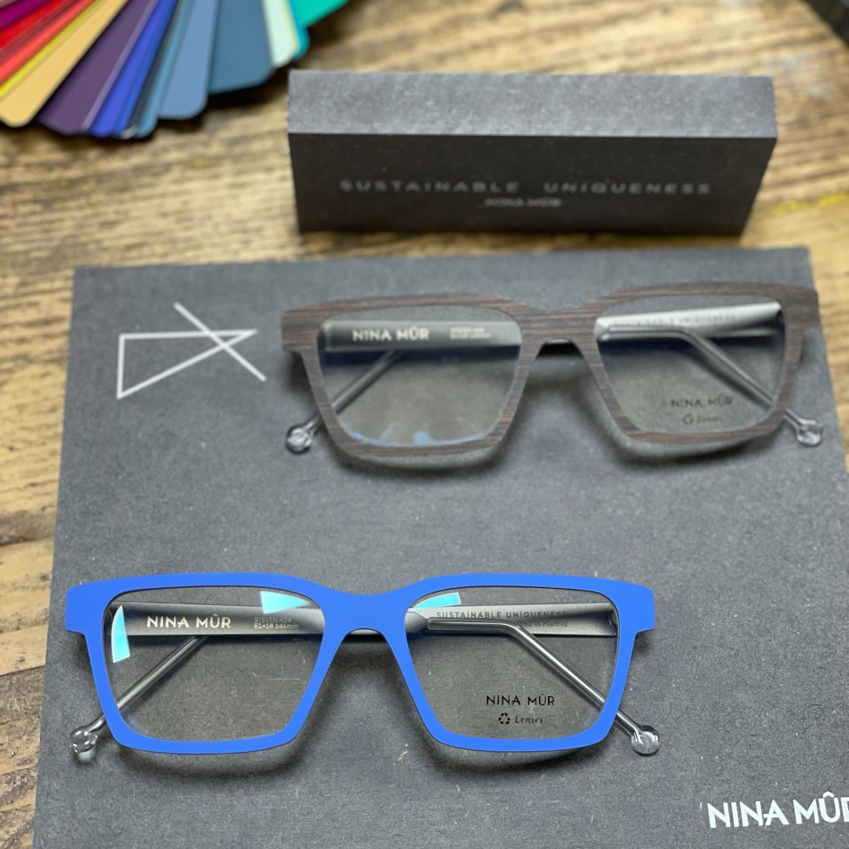 2 more Nina Mur frames in a bold blue and more subtle slate effect