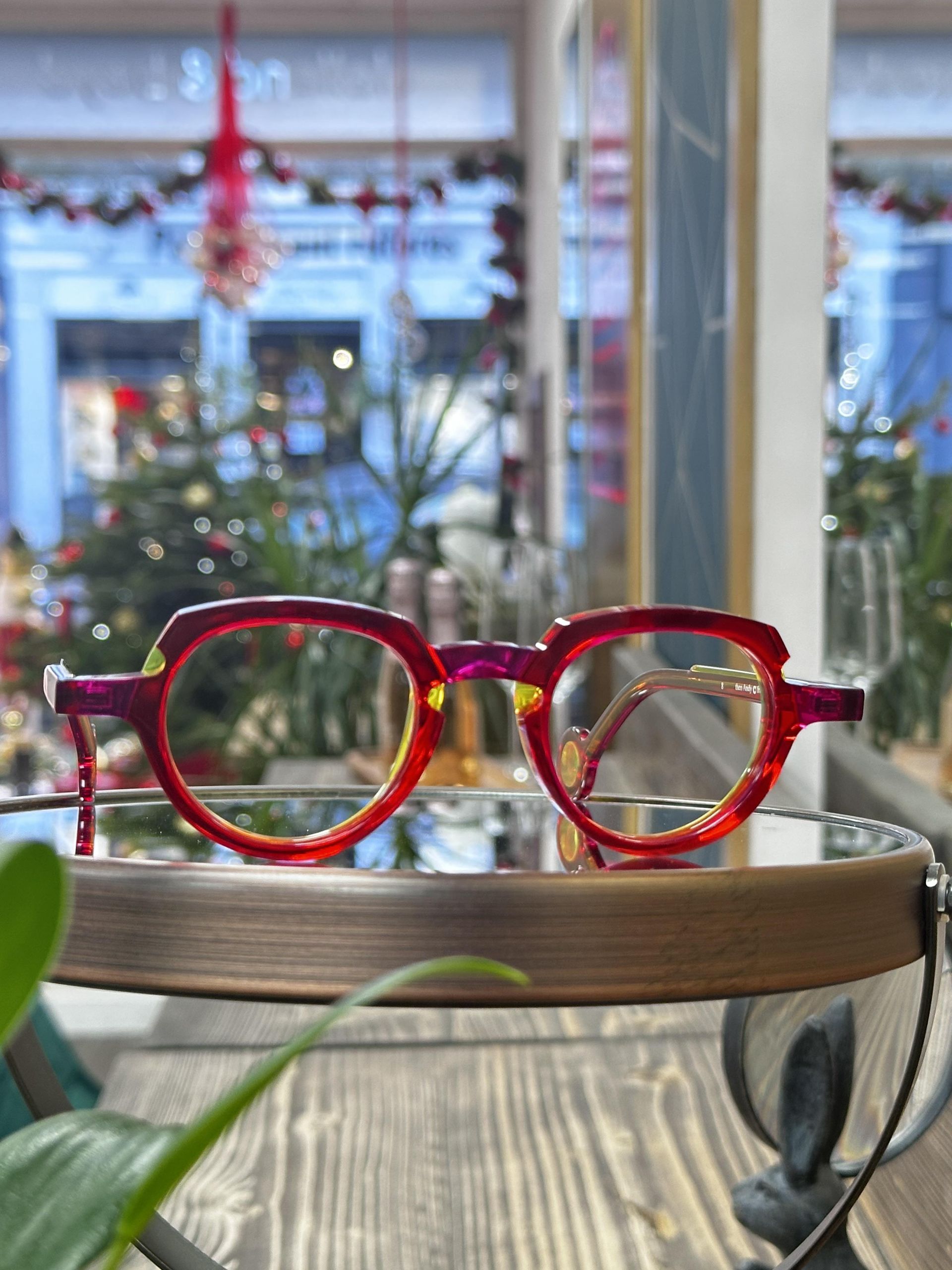 A lovely bright red acetate frame from Theo Eyewear.