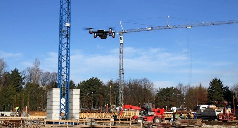 Drone flying over construction site