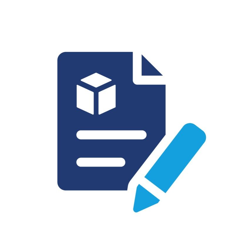 Blue document with a 3D box icon and writing, with a blue pen.