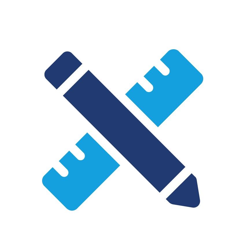 Blue pencil and ruler crossed, icon for design or editing.