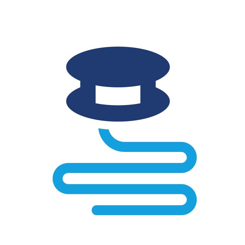 Blue spool connected to a stylized, winding blue line.