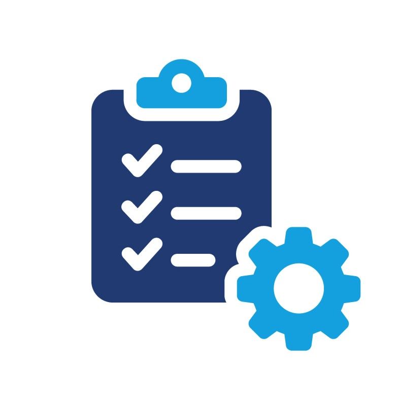 Blue clipboard with checkmarks and gear icon, representing task management.
