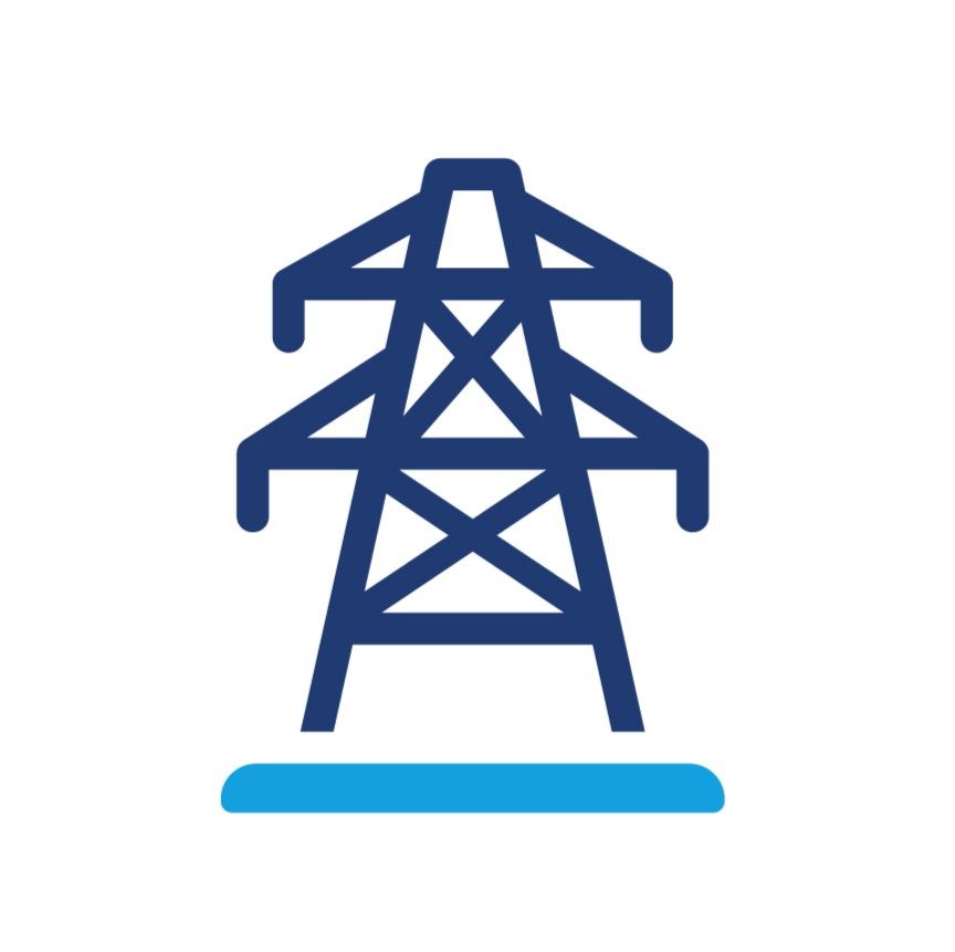 Blue stylized electricity pylon with blue base, conveying power transmission.