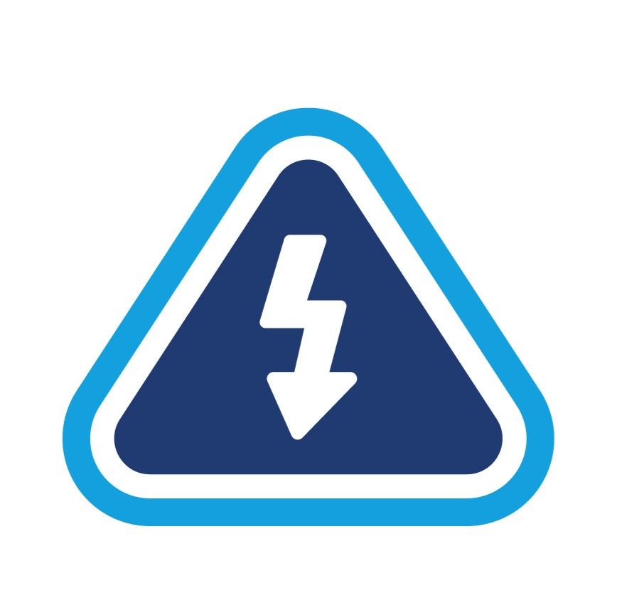 Blue triangle with lightning bolt, warning of electrical hazard.