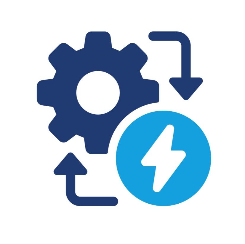 Gear with arrows and lightning bolt, symbolizing energy generation.