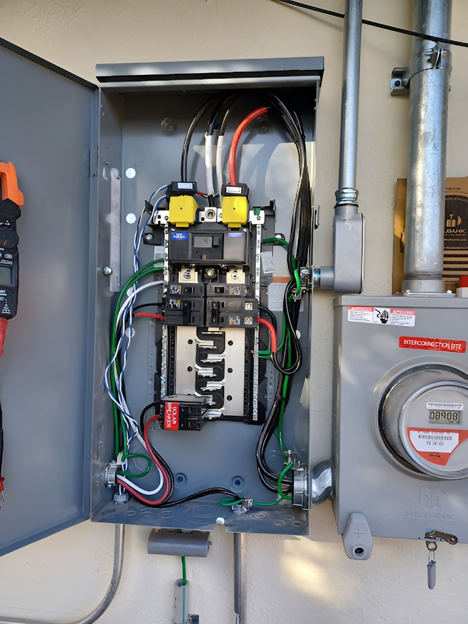 Open electrical panel with wires, breakers, and a utility meter on the right side.