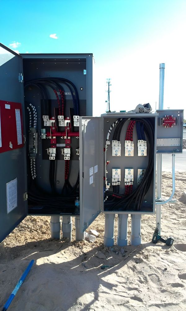 Electrical control boxes with open doors outdoors, showing wires and components.