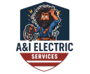 Logo for A&I Electric Services: Electrician with confused expression holding wires, in front of a shield with company name.