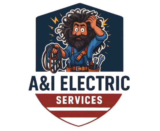 Logo for A&I Electric Services: Electrician with confused expression holding wires, in front of a shield with company name.