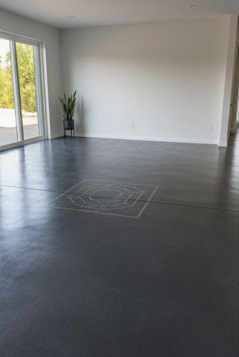 Empty room with dark gray floor, white walls, and a large window. A plant sits in the corner.