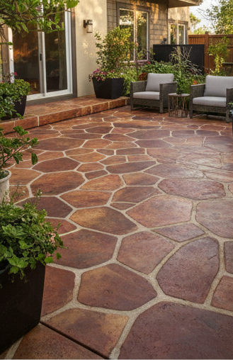 Stamped concrete patio with large, irregular stone pattern; seating area with armchairs and potted plants.