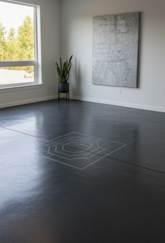 Modern, minimalist room with dark gray floor, large window, abstract art, and potted plant.