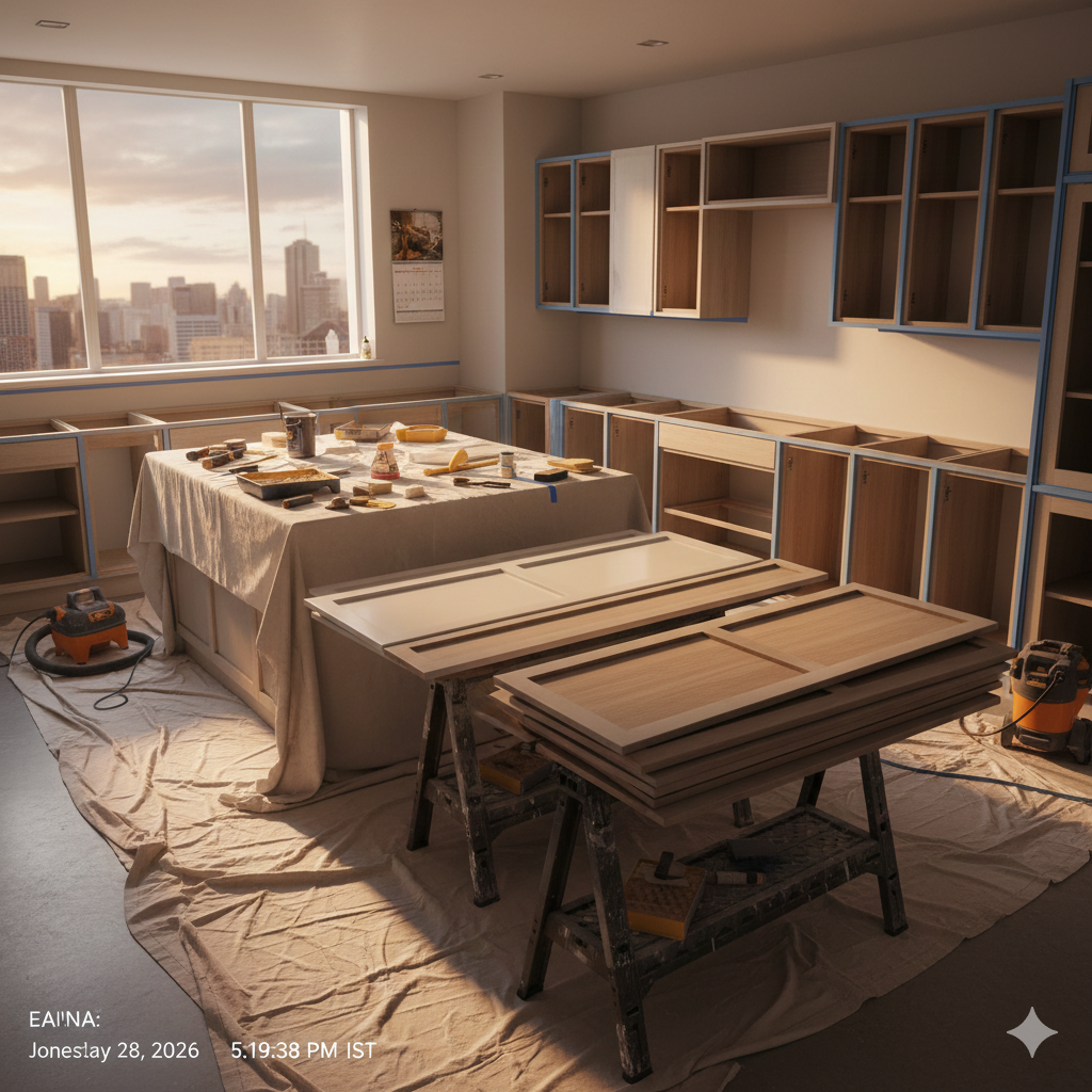 Kitchen renovation in progress: cabinets, tools, island table, cityscape view.