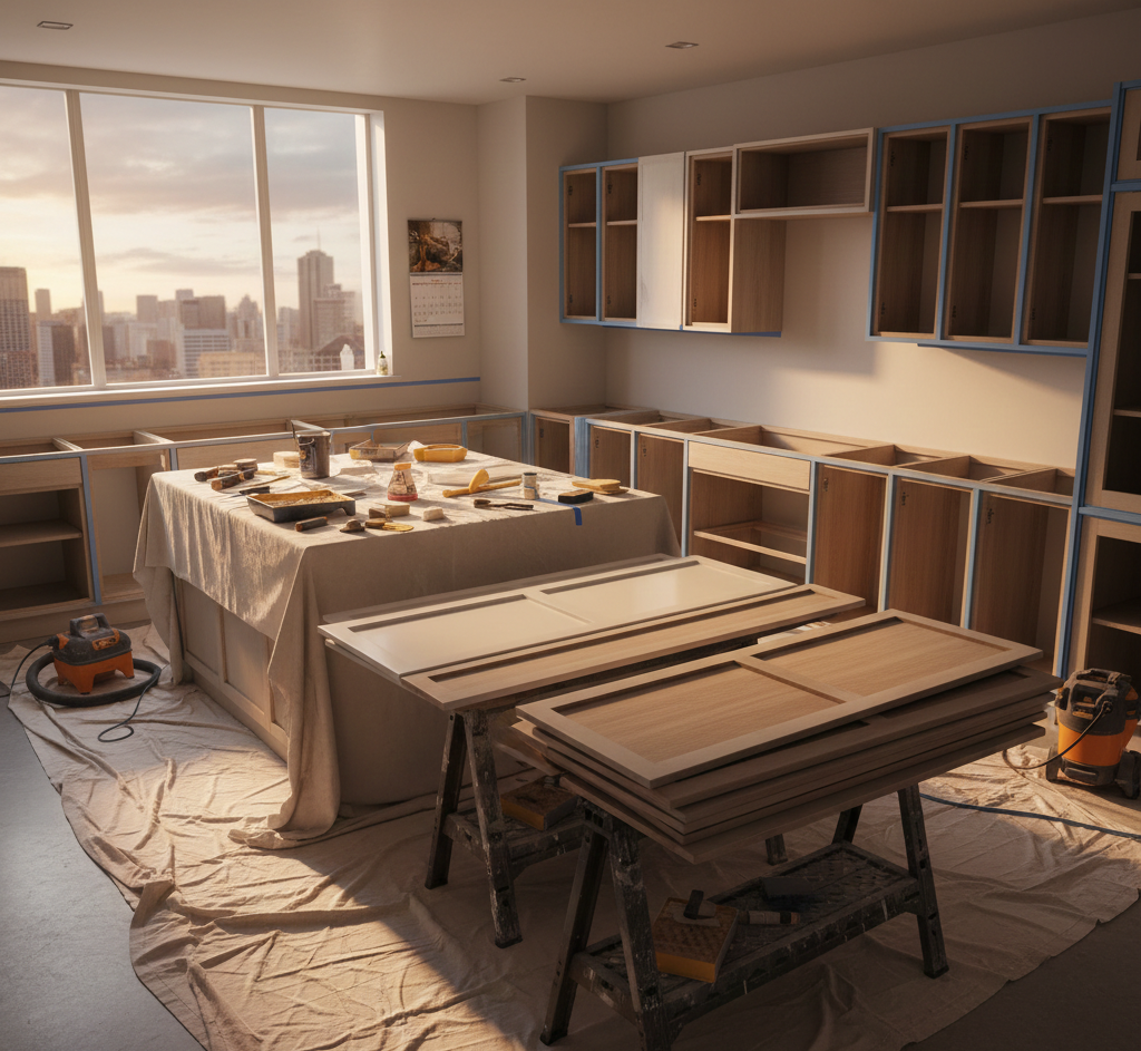Kitchen renovation in progress: Cabinets, tools on covered island, city view out window.