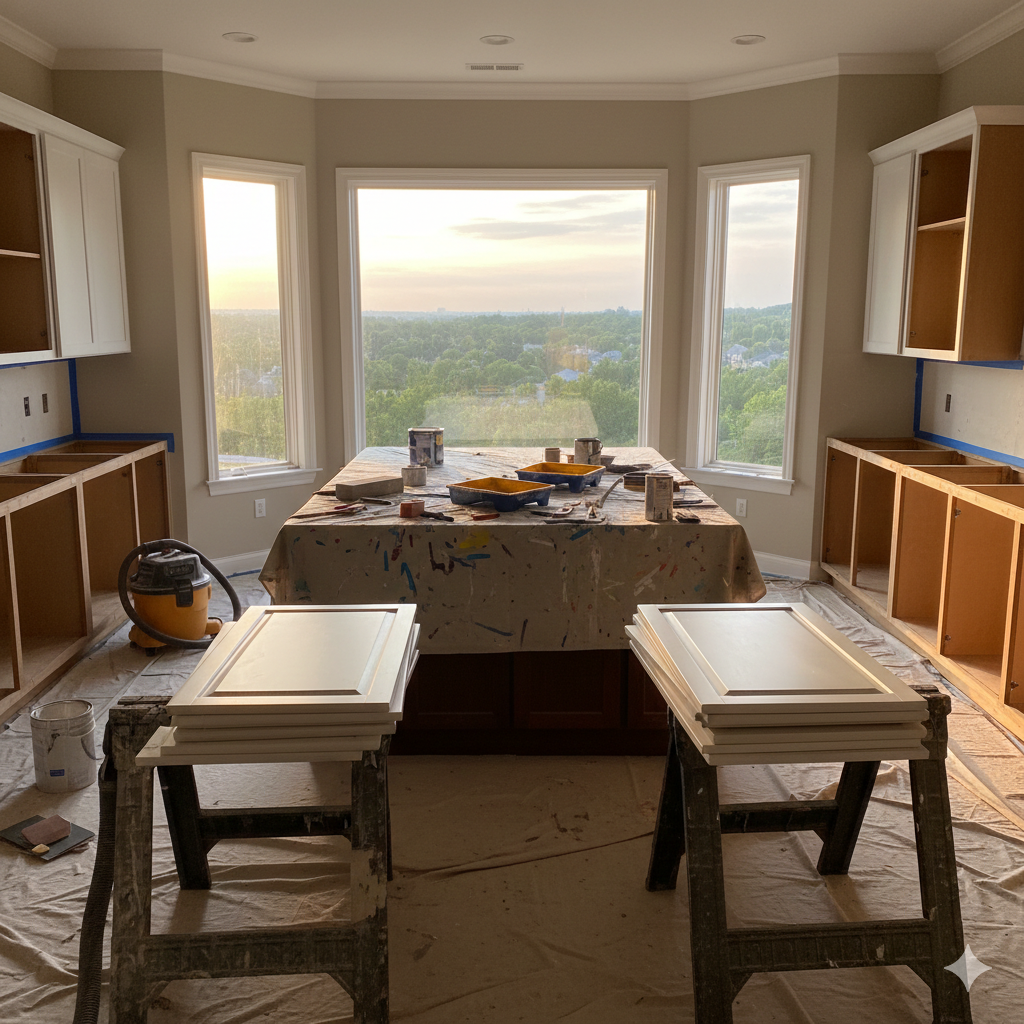 Kitchen with white cabinets, bay window, and island covered with supplies during renovation.