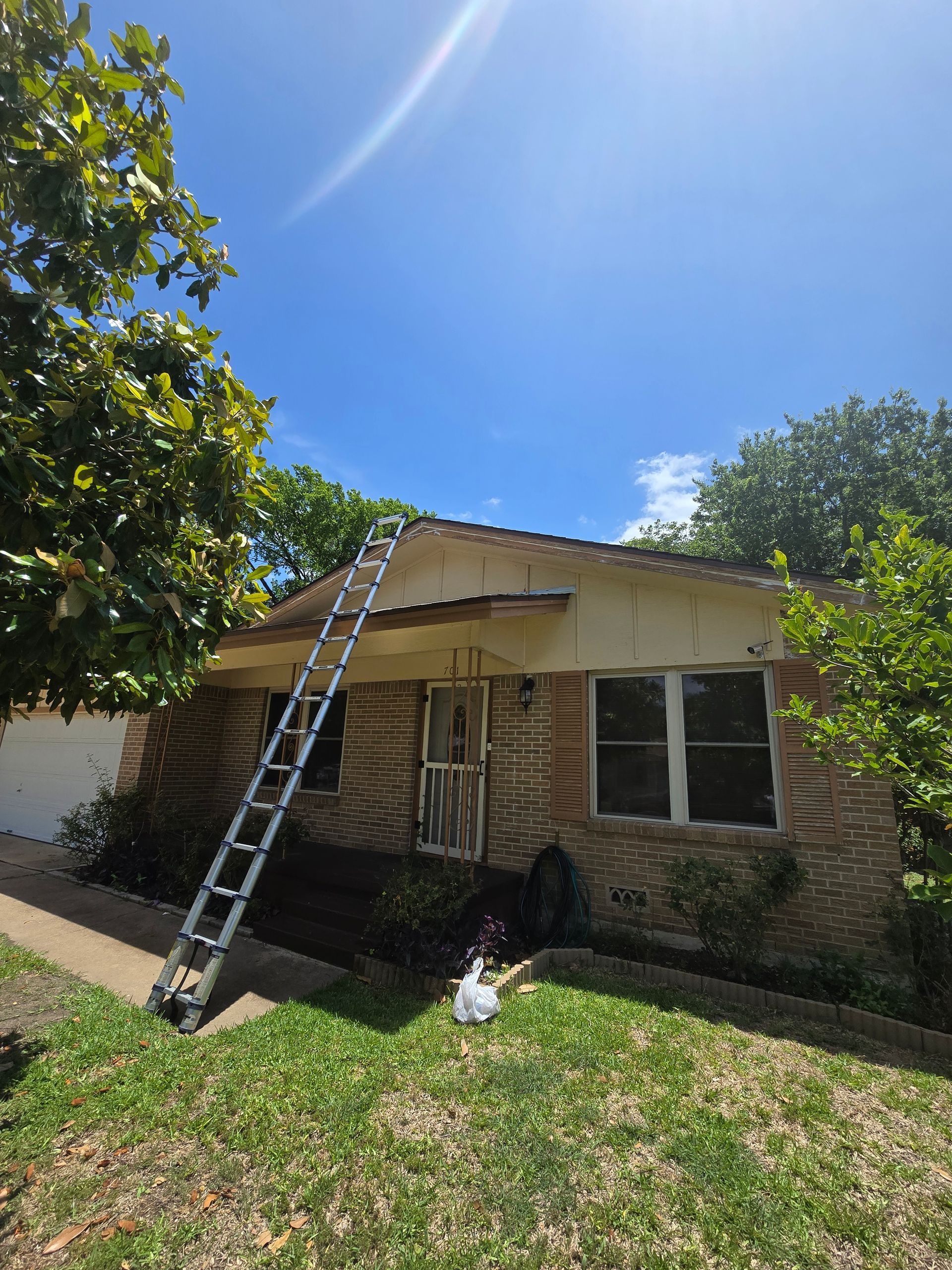 A ladder leans against a house with a stone facade, under a bright blue sky. Green trees and grass surround.