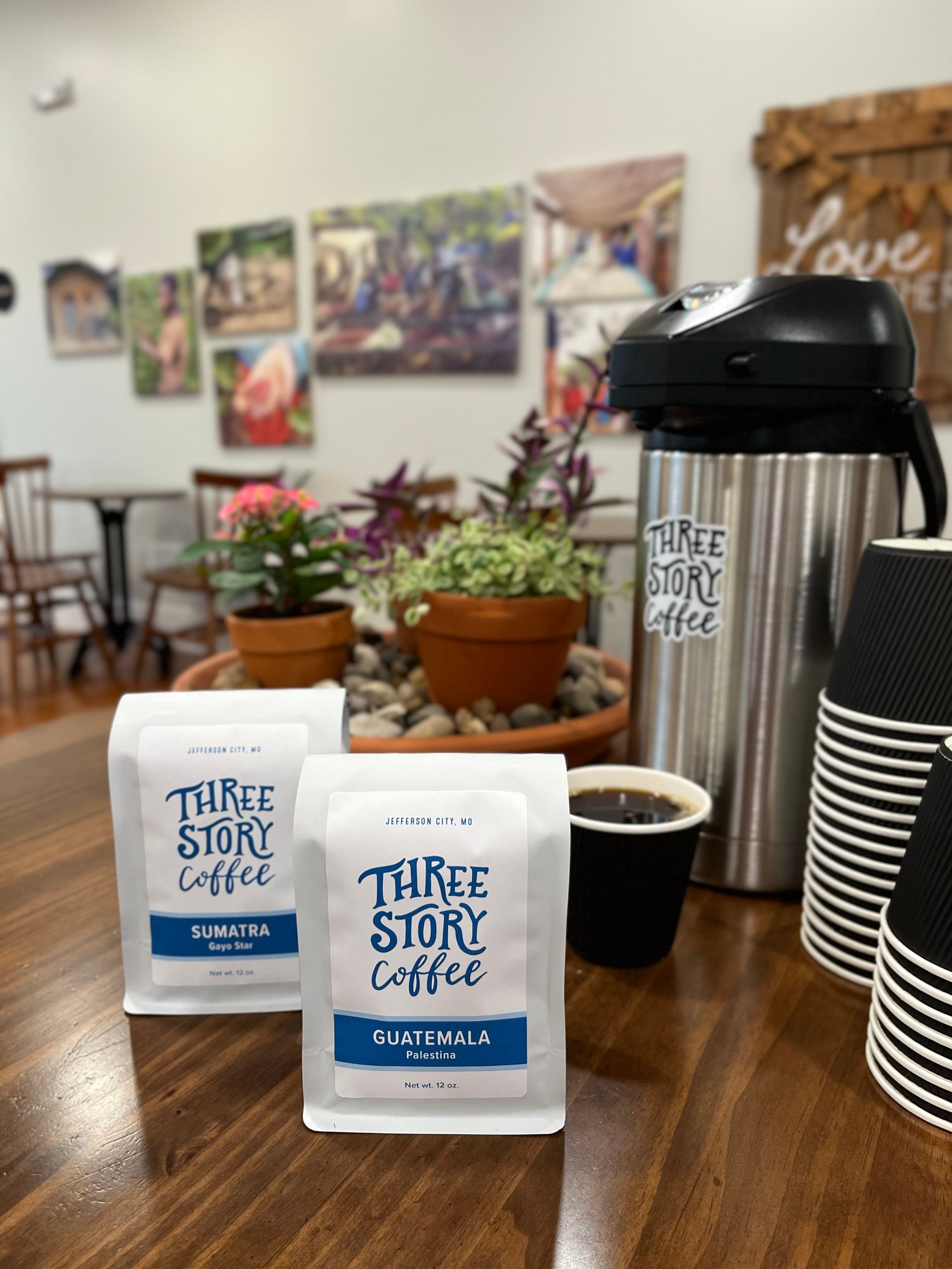 Two Bags of Three Story Coffee & a Serving Station. Serve Our Coffee at Your Mid-MO Church!