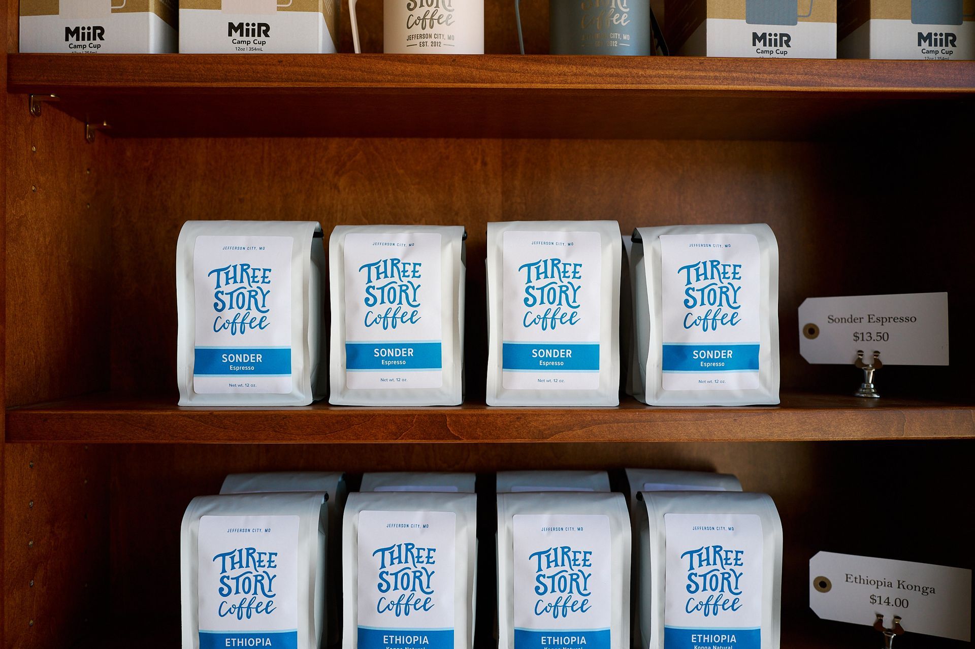 Shelves of Different Coffee Blends From Three Story Coffee in Jefferson City, MO.