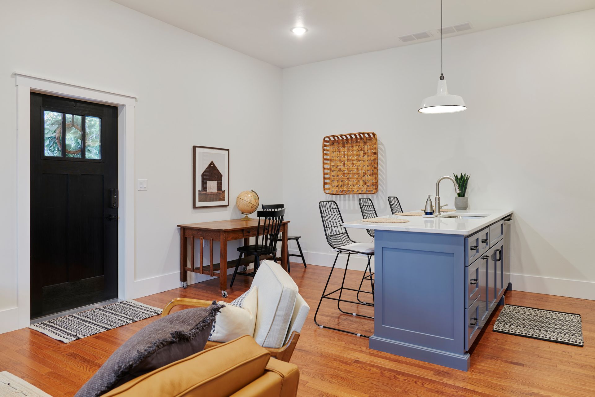 The Front Door, Study Desk & Kitchen Counter at Three Story Coffee's Mid-Missouri Vacation Rental.