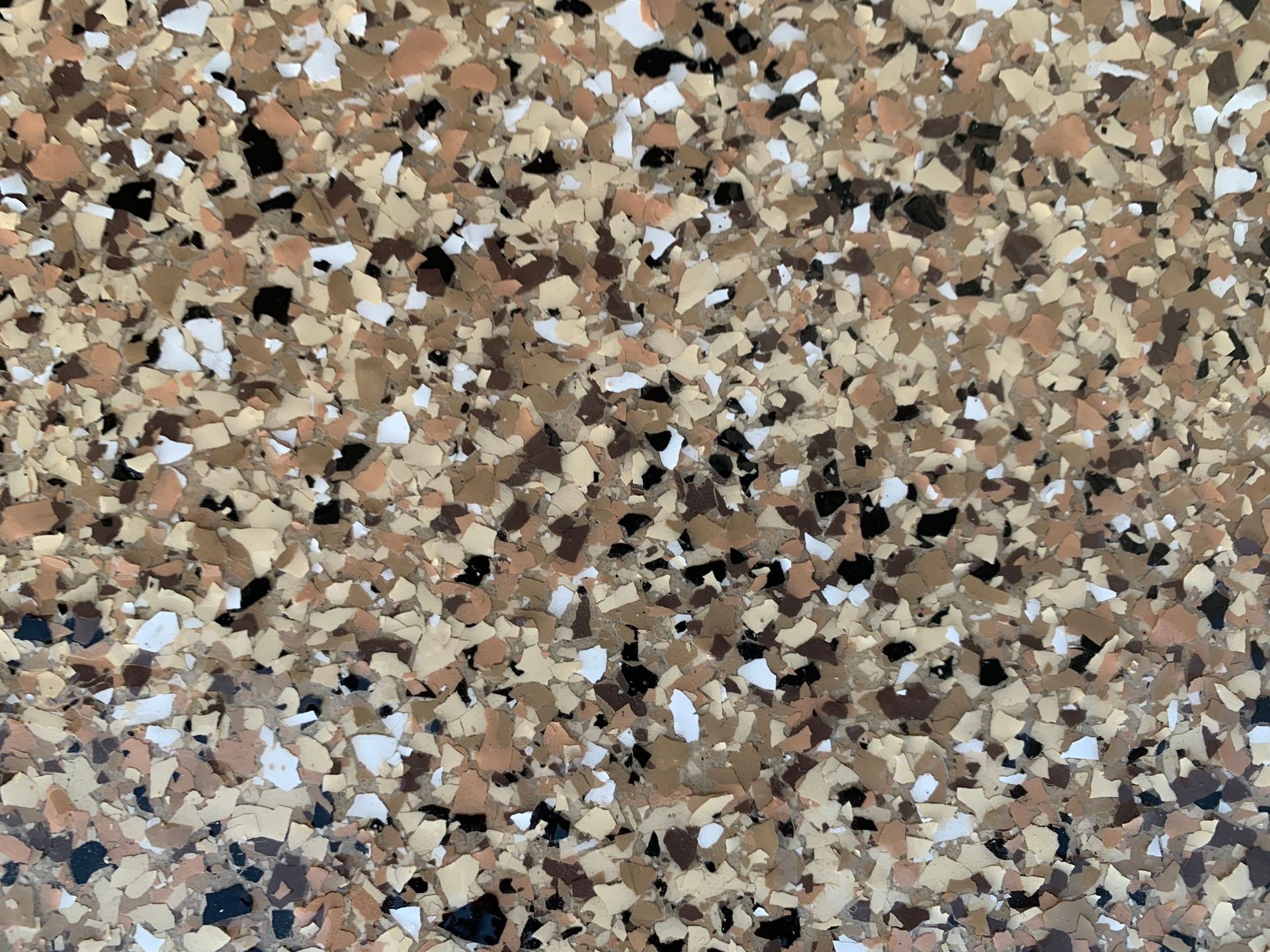Multi-colored speckled epoxy floor with brown, tan, black, and white flakes.