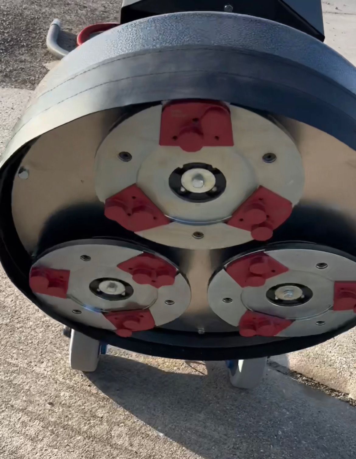 Floor grinding machine, showing three grinding heads with red segments.