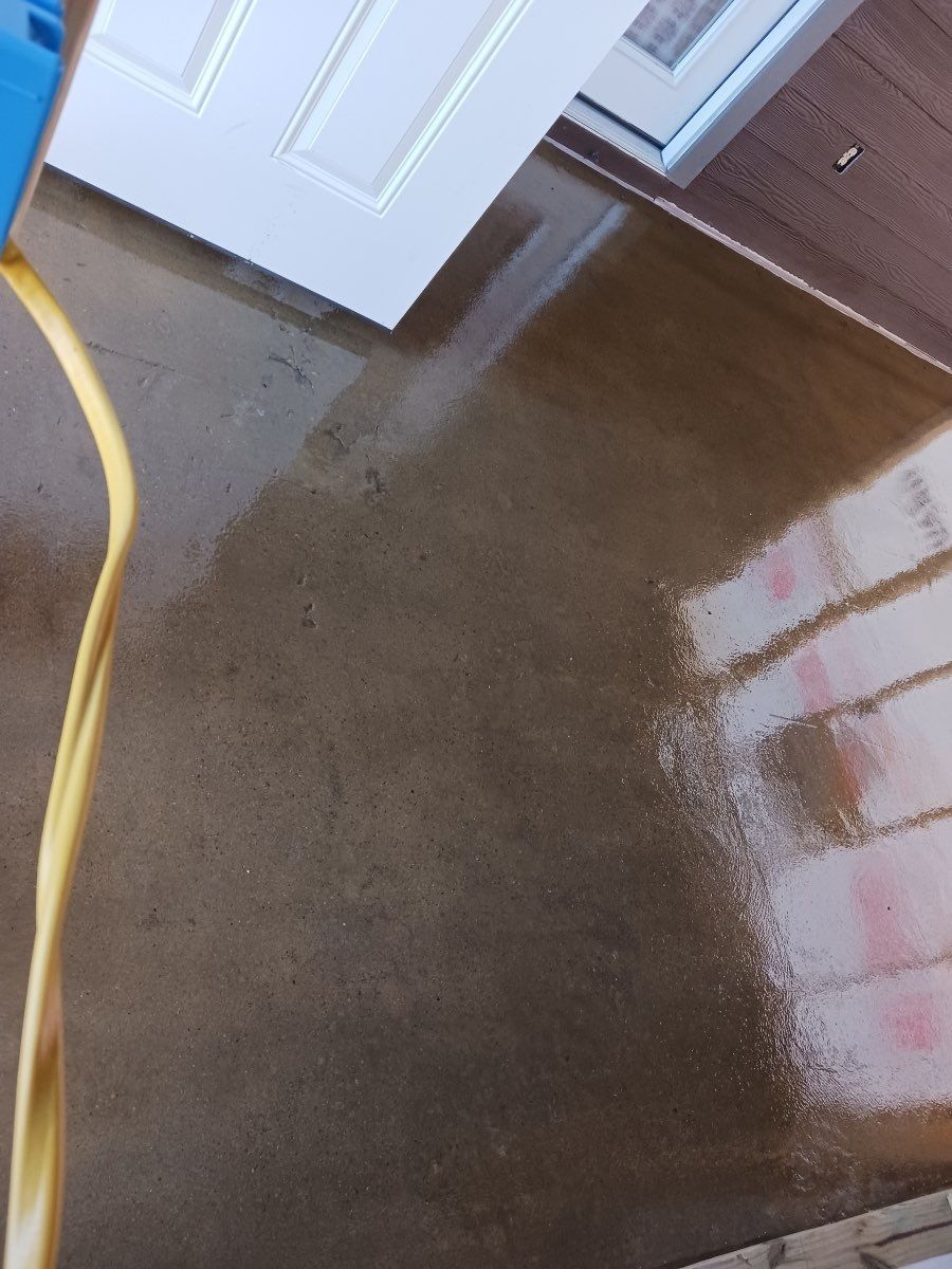 Wet, brown floor reflecting light; near a white door and a wood-paneled wall. A yellow cable is in the foreground.