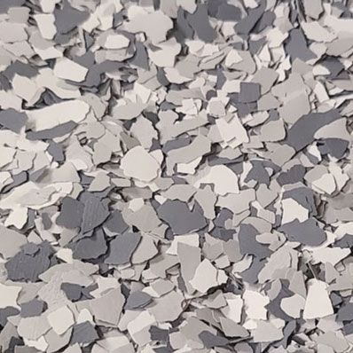 Gray and white decorative floor flakes.