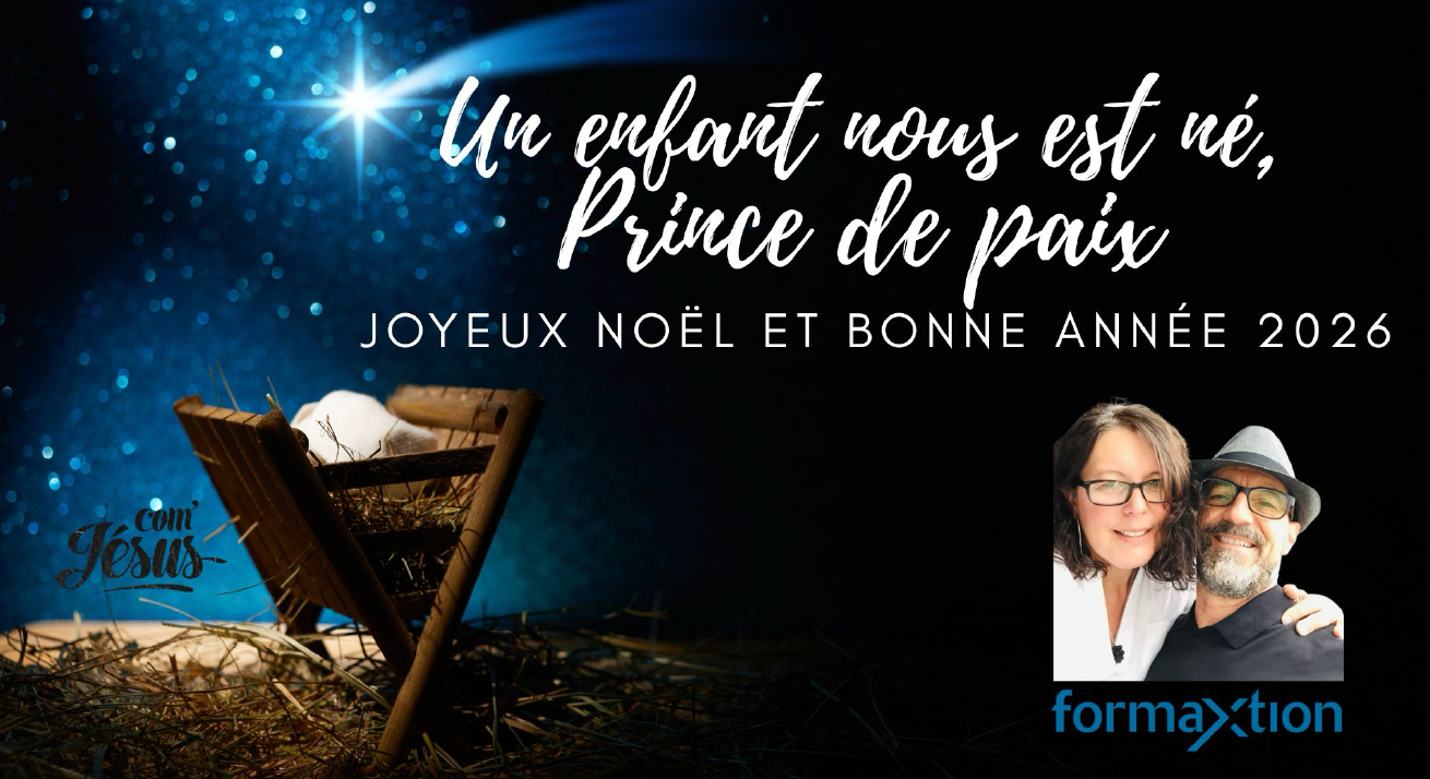 Noël: mangeoire illuminée, ciel étoilé, texte « Un enfant nous est né, Prince de paix » et vœux de bonne année.