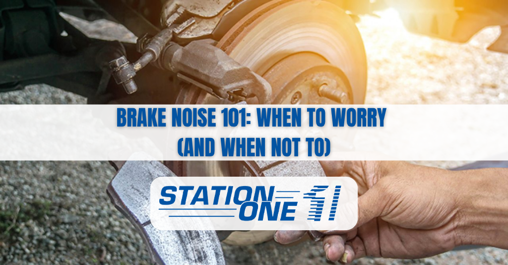 Mechanic holding brake pad near a car's disc brake system with text overlay and Station One logo.